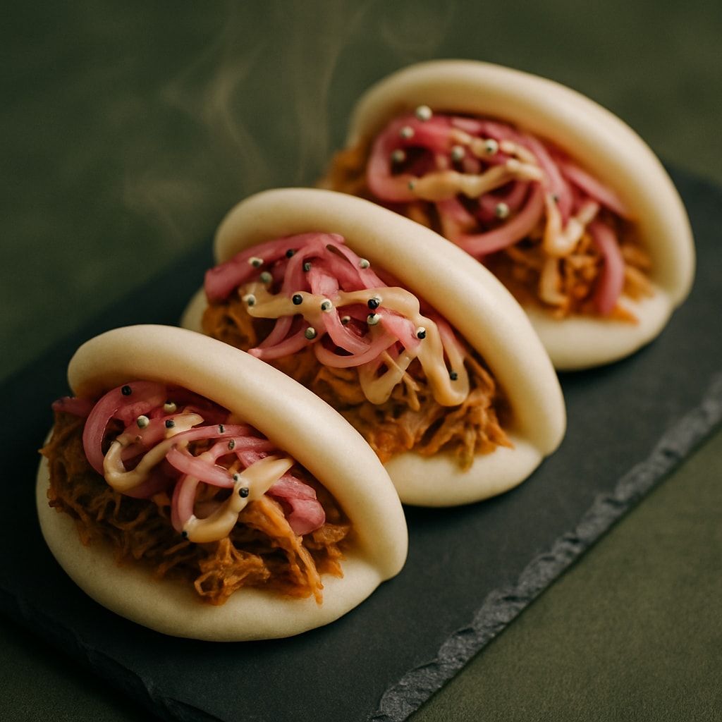 Bao de cochinita con mayo chipotle — Bao al vapor · cochinita pibil · cebolla encurtida