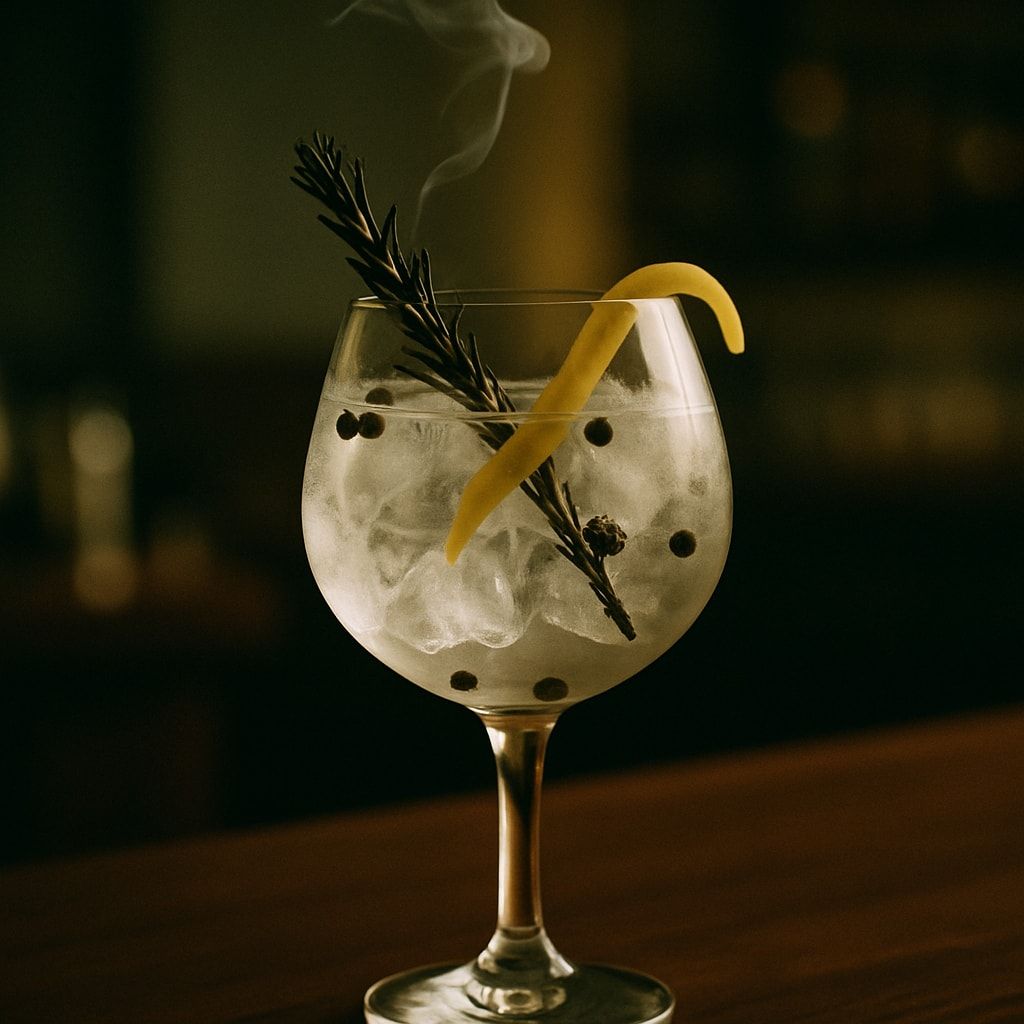 Gin tonic con romero ahumado — Gin Mediterránea · tónica premium · romero a la brasa