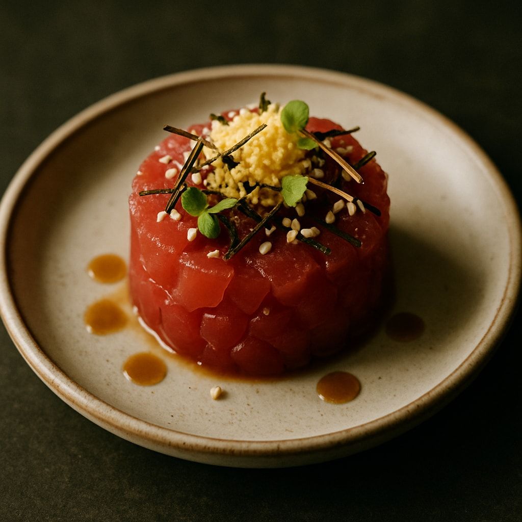 Tartar de atún rojo, yema curada — Atún · soja yuzu · yema 24 h · alga nori