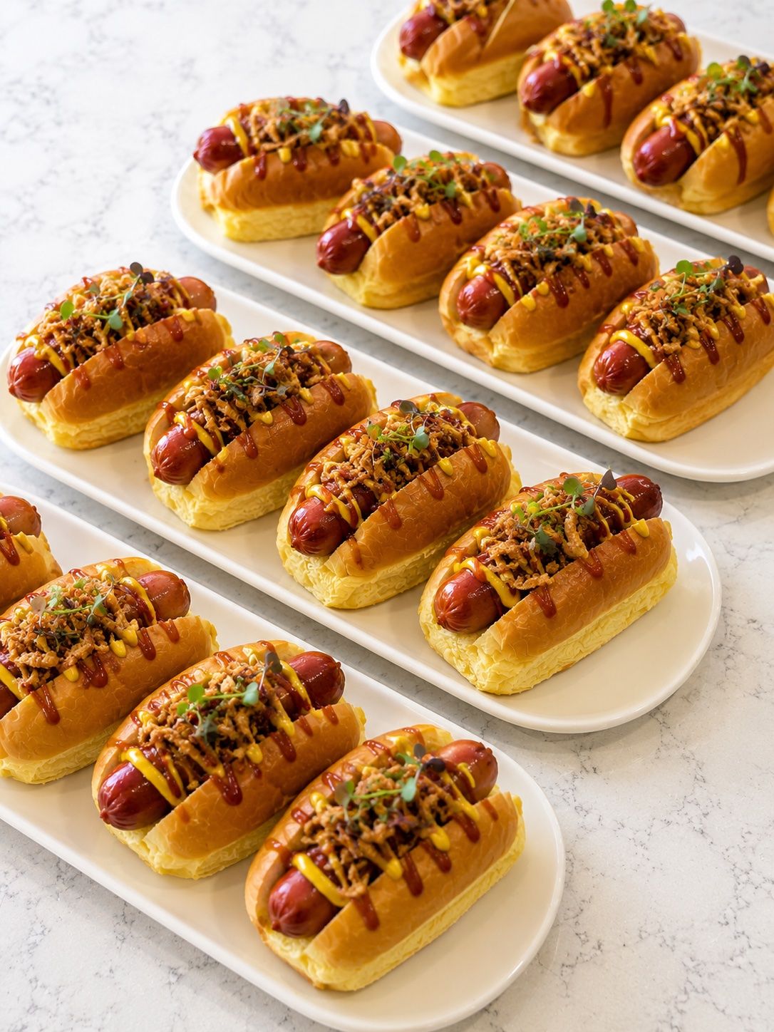 Mini perrito gourmet — Pan de mantequilla, salchicha braseada, mostaza, cebolla crujiente y cebollino. El clásico de fiesta, en versión de autor.
