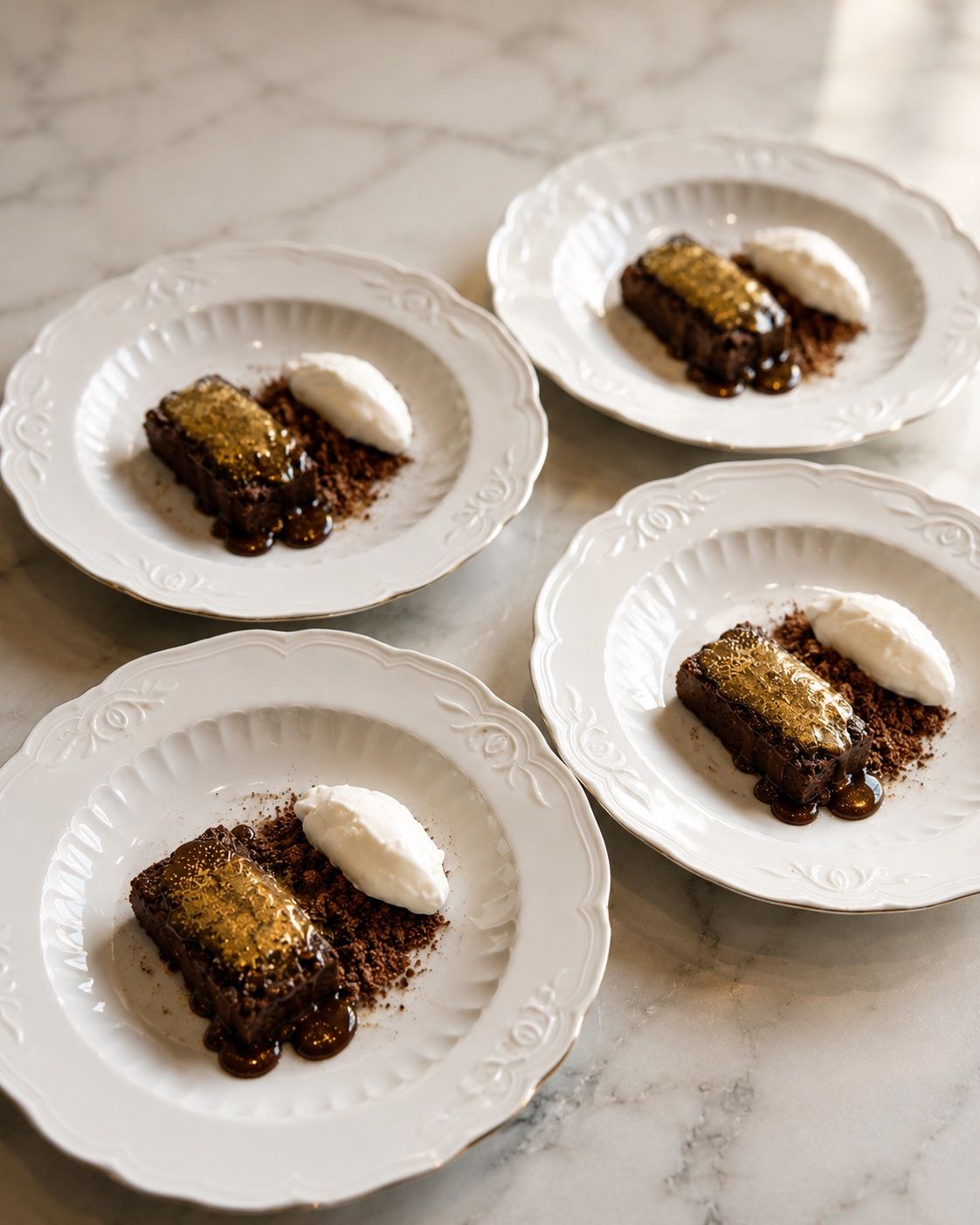 Chocolate y oro — Bizcocho fundente de chocolate con pan de oro y crema montada. Emplatado sobre porcelana, uno a uno.