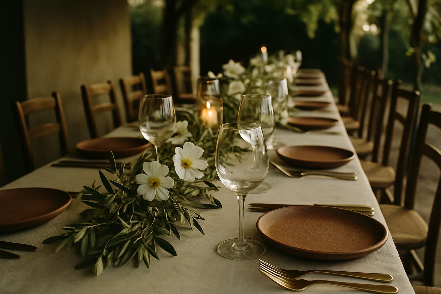 Mesa de banquete de boda con vajilla y flores silvestres