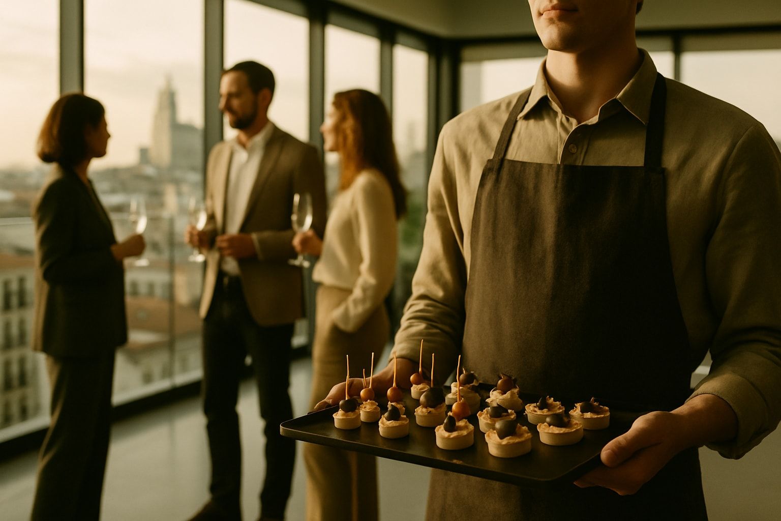 Cóctel corporativo en showroom de Madrid con tray de canapés y vista a la ciudad