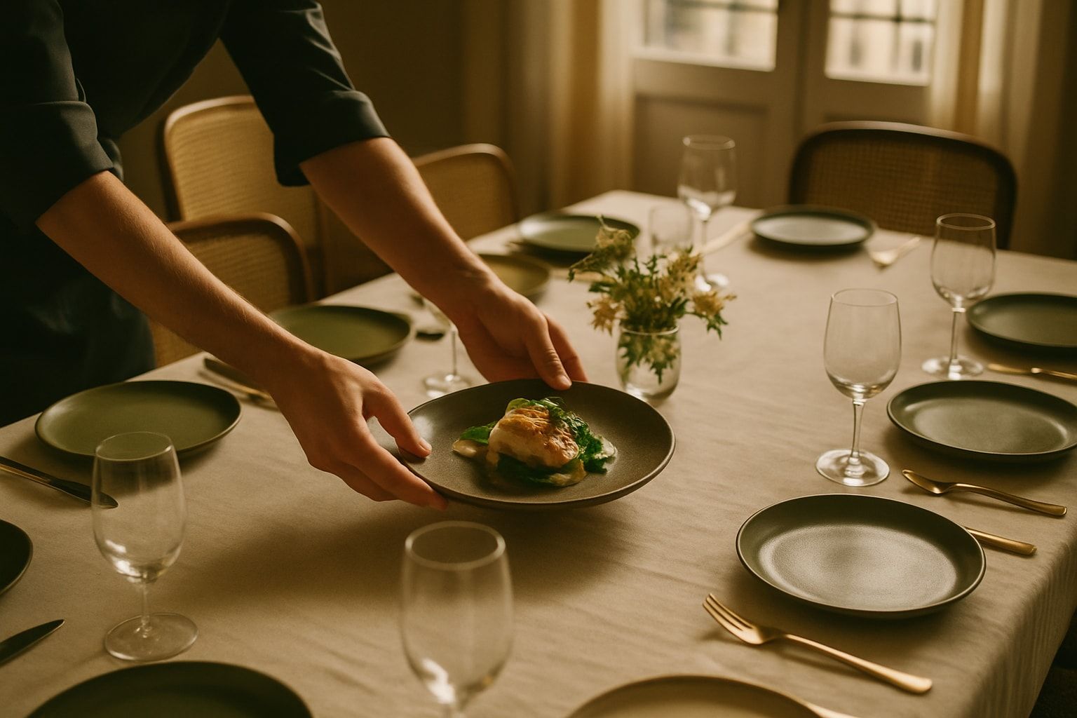Mesa puesta para una cena íntima en una casa de Madrid — servicio de catering a domicilio de Sucar