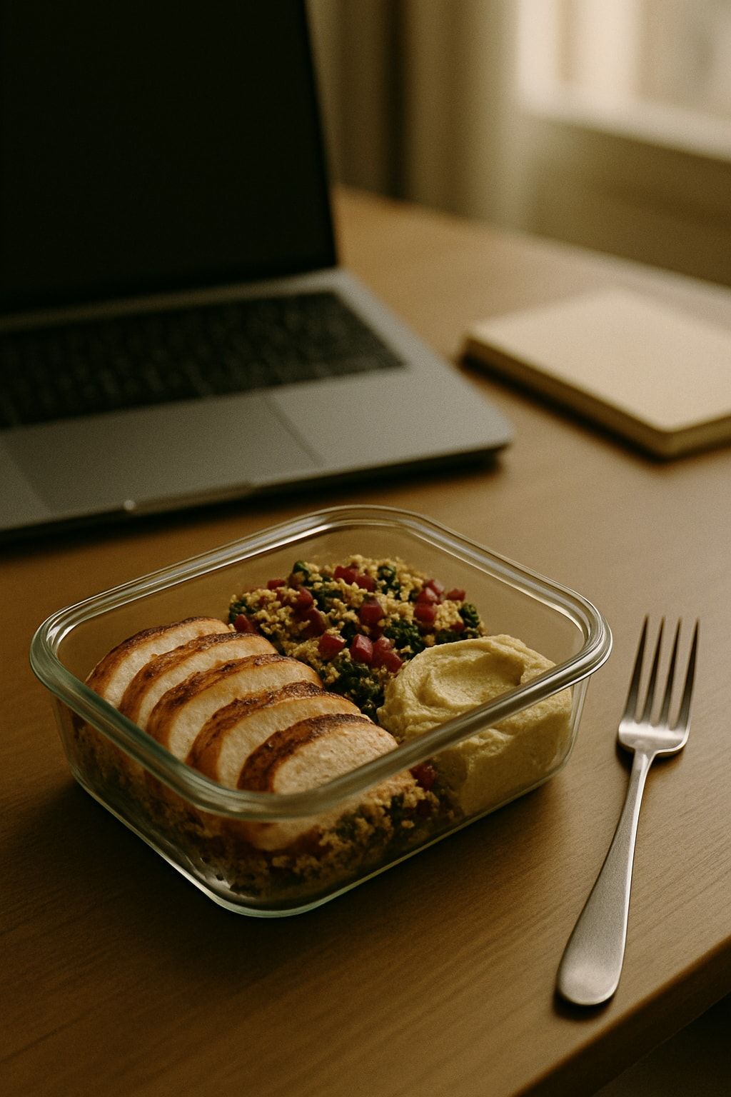 Tupper de cristal abierto con comida saludable en mesa de oficina