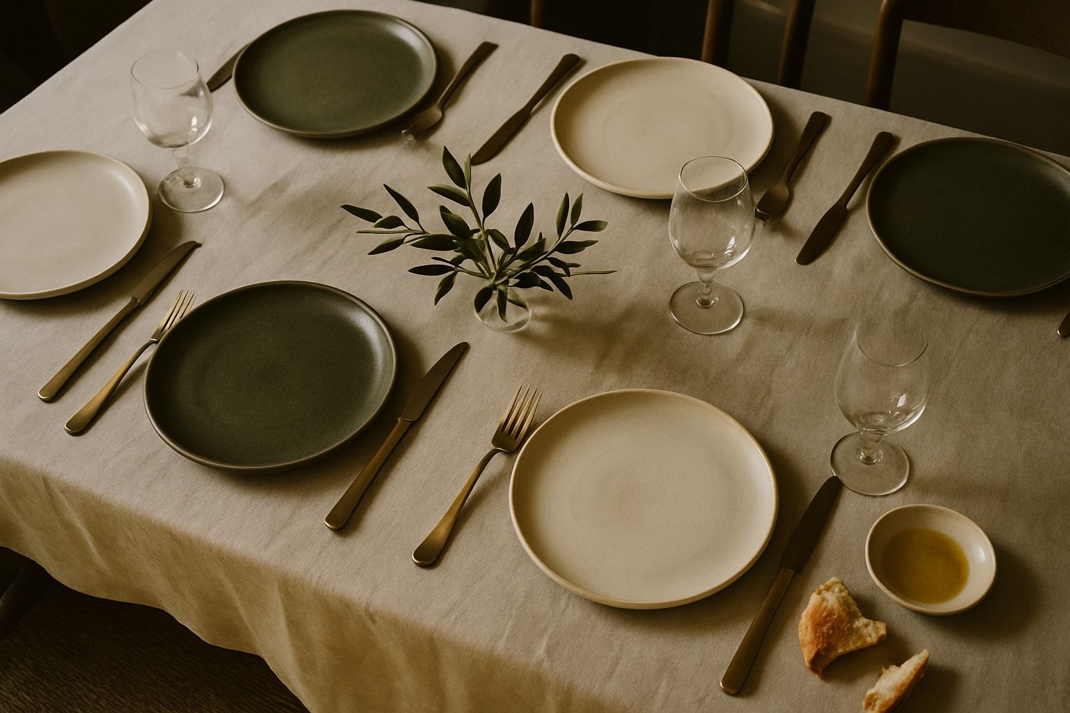 Mesa puesta para una cena íntima de Sucar Catering — luz natural, vajilla en tonos crema y brass